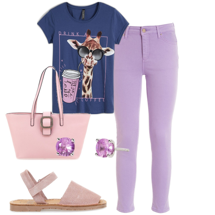 Outfit donna - Colazione con le amiche. Stile Casual per Tutti i giorni. Abbinamento con t-shirt, orecchini, jeans, sandali in pelle, borse a spalla.