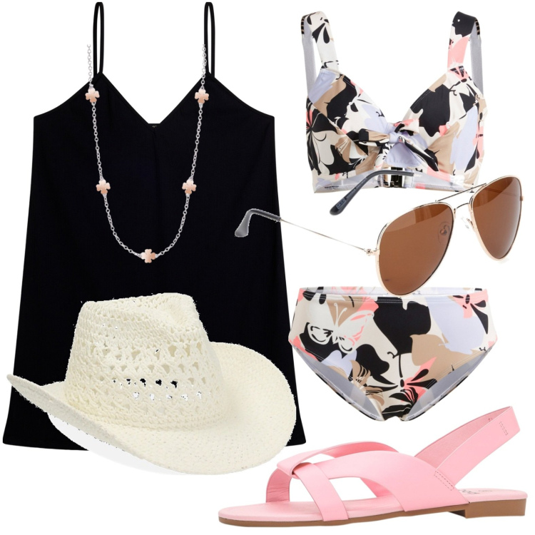 Outfit donna - Mare. Stile Bon Ton per Mare. look ideale per Petite. Abbinamento con bikini, sandali, collane, vestiti corti, cappelli, occhiali da sole.