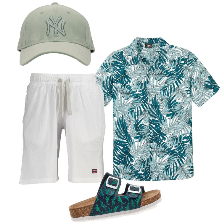 Outfit uomo - Total look #1911403. Stile Casual per Mare. Abbinamento con camicie a manica corta, cappelli, bermuda, sandali.