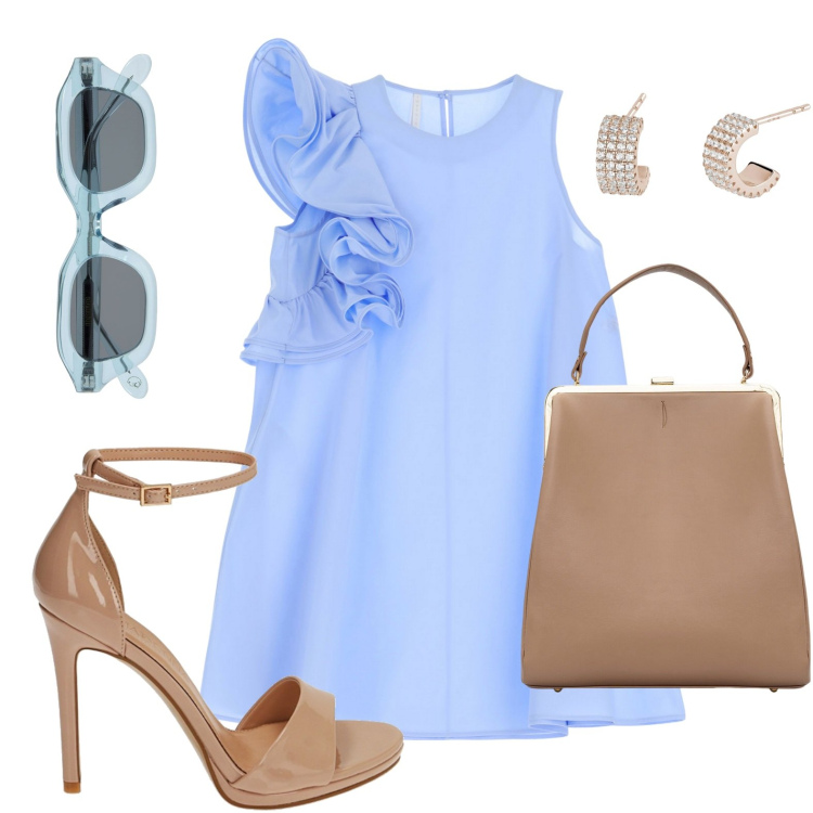 Outfit donna - Look da ufficio. Stile Bon Ton per Ufficio. look ideale per Petite. Abbinamento con orecchini, vestiti corti, sandali col tacco, borse a spalla, occhiali da sole.