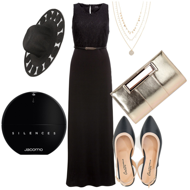 Outfit donna - Cerimonia al mare. Stile Chic per Cerimonia. Abbinamento con collane, vestiti lunghi, profumi, pochette, cappelli, ballerine.