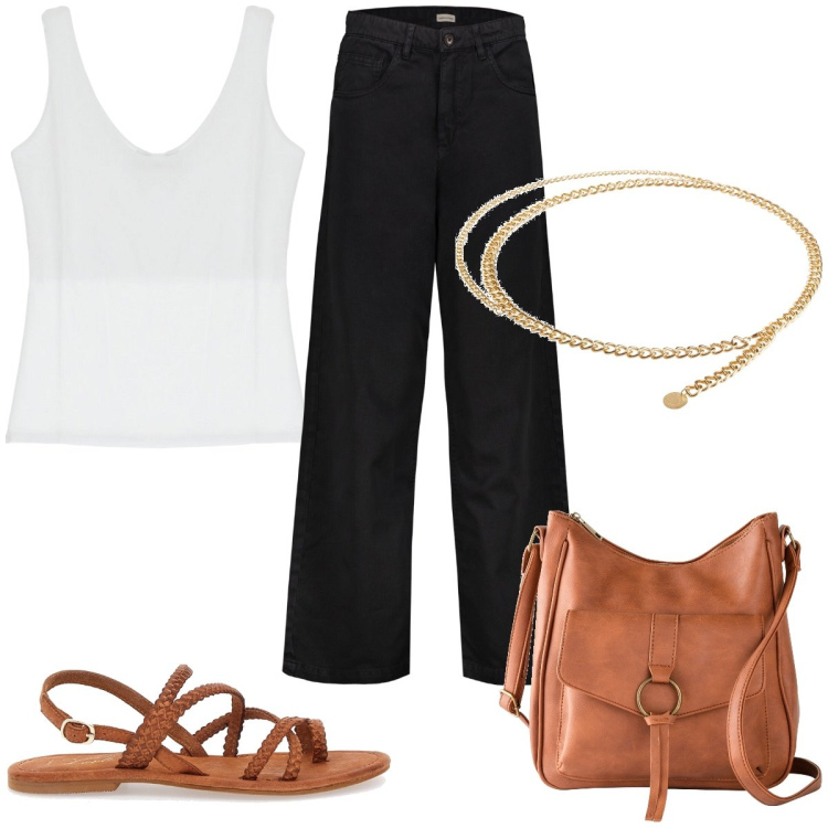 Outfit donna - Total look #1911423. Stile Basic per Tutti i giorni. Abbinamento con borse a tracolla, cinture, top, sandali in pelle, pantaloni.