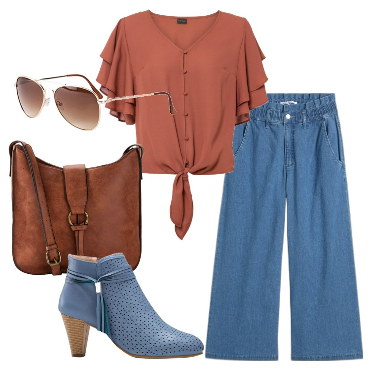 Outfit donna - Abbinare il color ruggine. Stile Casual per Ufficio. Abbinamento con borse a tracolla, occhiali da sole, jeans, stivaletti, camicie.