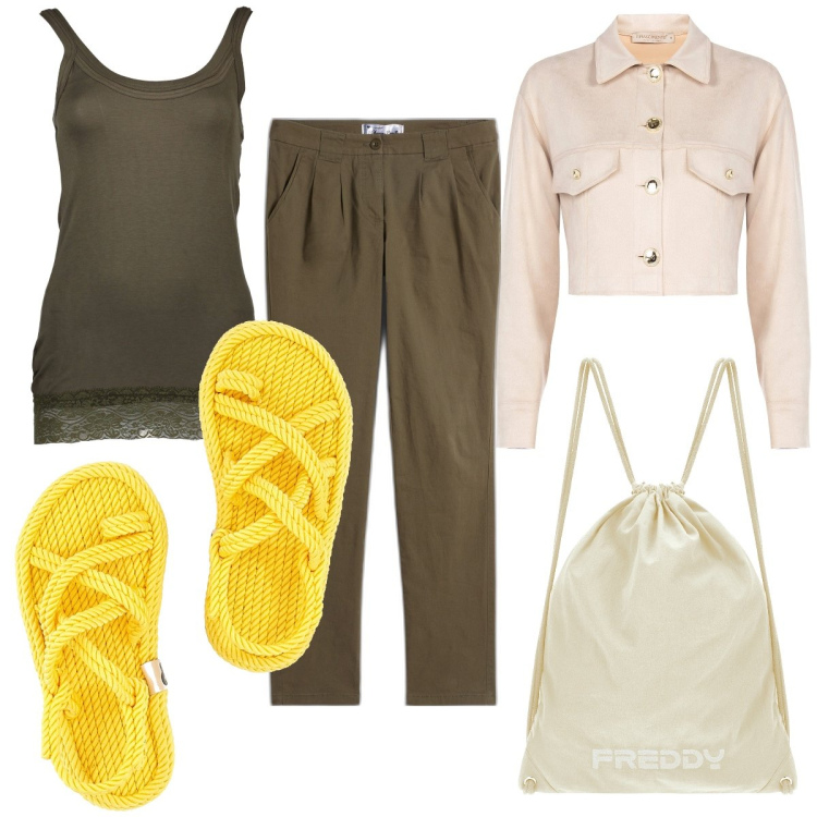 Outfit donna - Total look #1911441. Stile Basic per Tutti i giorni. Abbinamento con pantaloni chino, blazer, zaini, sandali, canottiere.