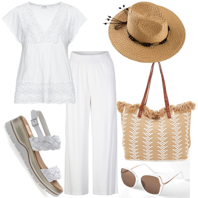 Outfit donna - Passeggiata sull\'isola. Stile Casual per Tutti i giorni. Abbinamento con pantaloni, maglieria, occhiali da sole, cappelli, sandali in pelle, borse a spalla.