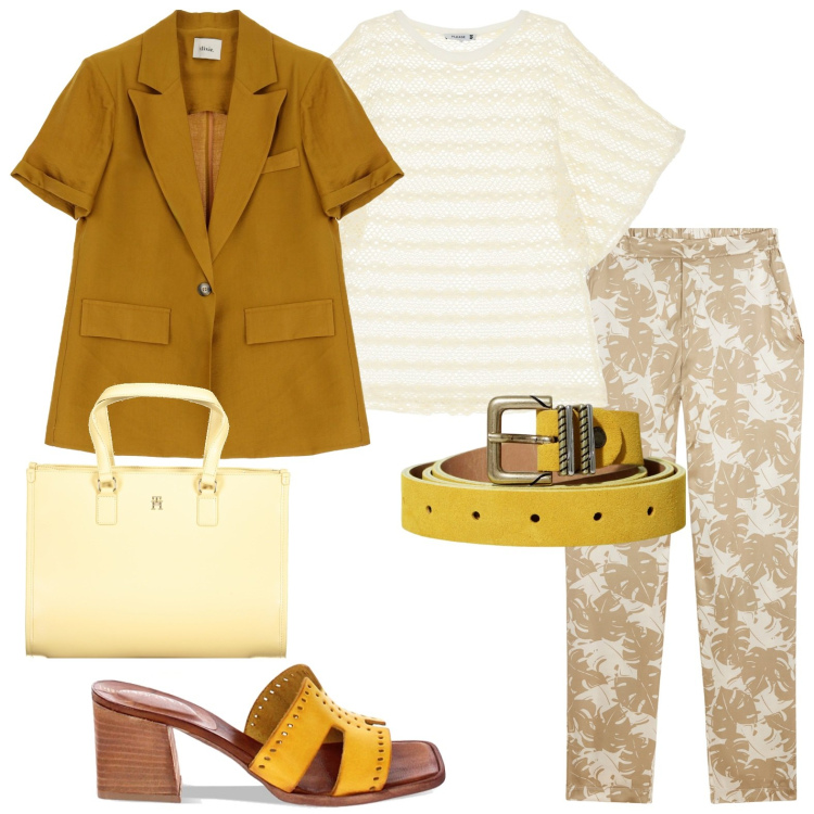 Outfit donna - Total look #1911452. Stile Casual chic per Tutti i giorni. Abbinamento con t-shirt, pantaloni, sandali col tacco, blazer, cinture, borse a spalla.