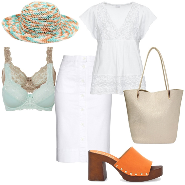 Outfit donna - Cappello protezione solare. Stile Casual per Tutti i giorni. Abbinamento con maglieria, reggiseni, gonne, borse a spalla, cappelli, zoccoli.