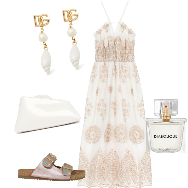 Outfit donna - Let’s party. Stile Chic per Mare. Abbinamento con profumi, vestiti lunghi, sandali gioiello, pochette, orecchini.