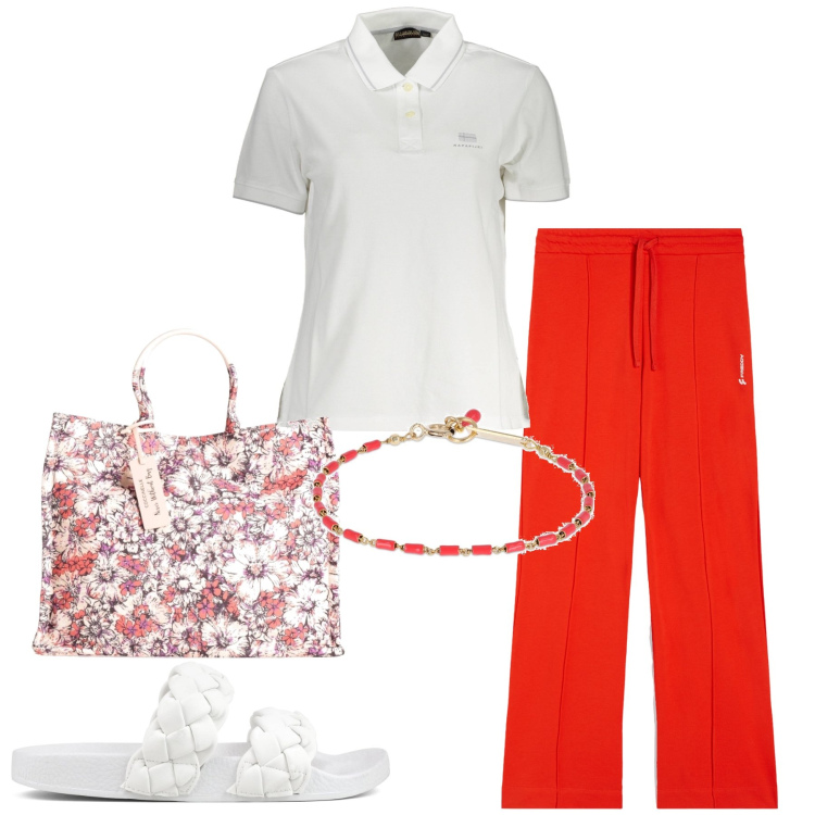 Outfit donna - Il pantalone rosso. Stile Basic per Tutti i giorni. Abbinamento con borse a mano, pantaloni a palazzo, ciabatte, braccialetti, polo.