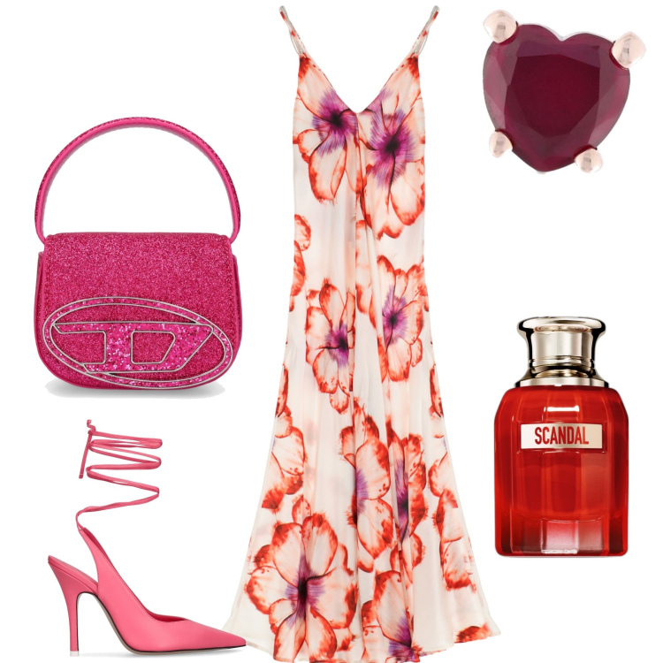 Outfit donna - Sabato sera d estate. Stile Sexy per Serata fuori. Abbinamento con profumi, vestiti lunghi, orecchini, borse a mano, décolleté.