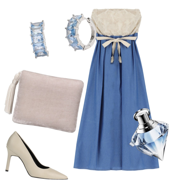 Outfit donna - Il profumo dell estate. Stile Chic per Serata fuori. Abbinamento con décolleté, profumi, orecchini, vestiti lunghi, pochette.