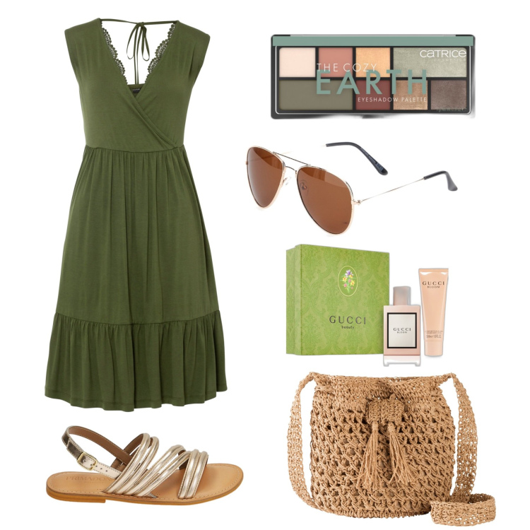 Outfit donna - Per tutti i giorni. Stile Boho per Tutti i giorni. Abbinamento con vestiti, borse a tracolla, ombretti, profumi, sandali in pelle, occhiali da sole.