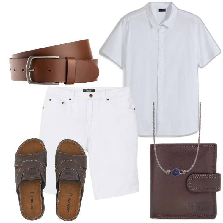 Outfit uomo - Bianco e cuoio. Stile Casual per Tutti i giorni. Abbinamento con cinture, bermuda, camicie a manica corta, collane, portafogli, sandali.