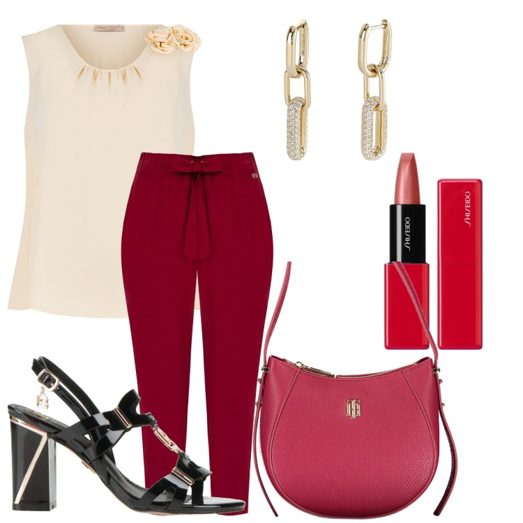 Outfit donna - Cherry Red, il rosso che fa tendenza. Stile Casual chic per Serata fuori. Abbinamento con sandali col tacco, rossetti, orecchini, pantaloni, bluse, borse a tracolla.