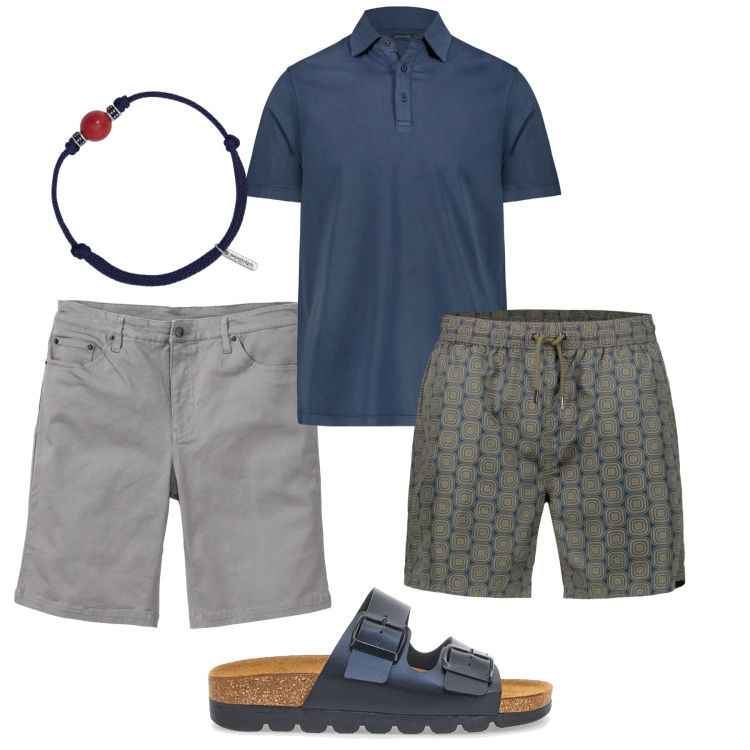Outfit uomo - Aperitivo in barca. Stile Casual per Mare. Abbinamento con bermuda, braccialetti, costumi, sandali, polo.