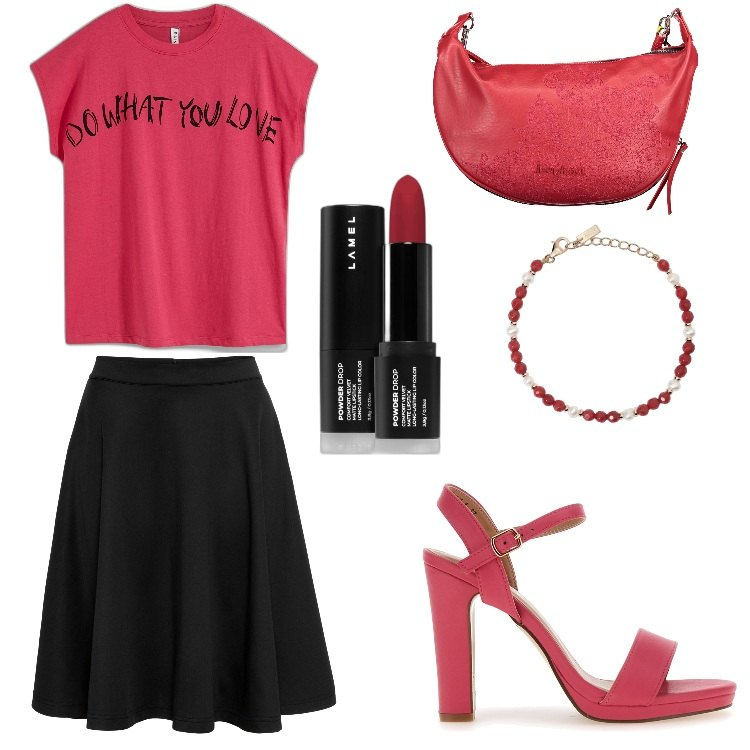 Outfit donna - Cherry red E Nero. Stile Basic per Tutti i giorni. Abbinamento con gonne, maglieria, rossetti, braccialetti, borse a spalla, sandali col tacco.