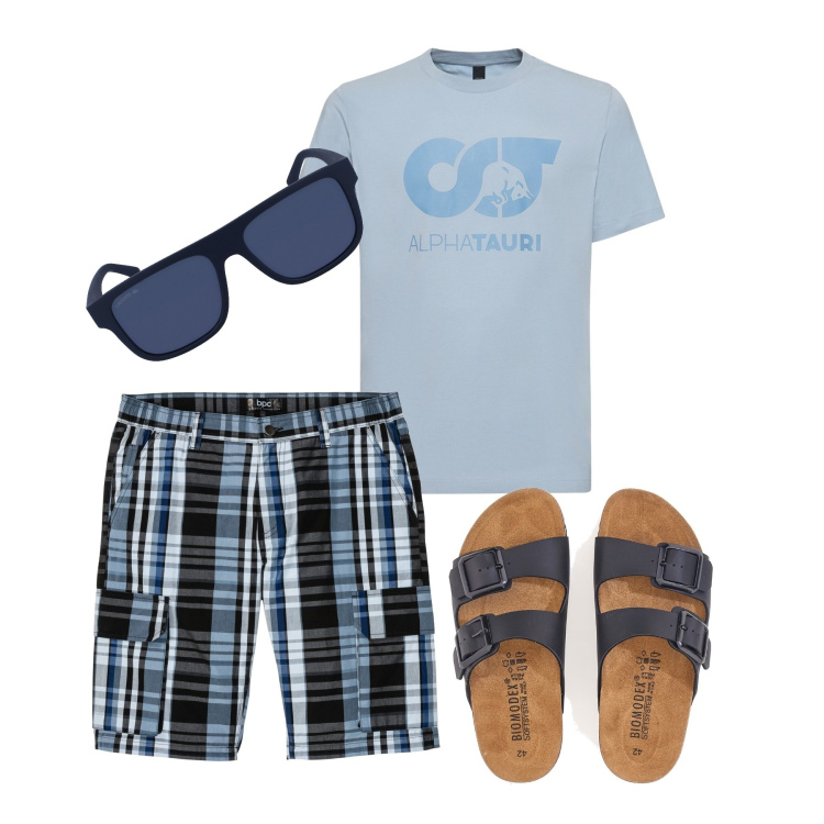 Outfit uomo - Passeggiata sul lungomare. Stile Casual per Tutti i giorni. Abbinamento con bermuda, t-shirt, occhiali da sole, sandali.