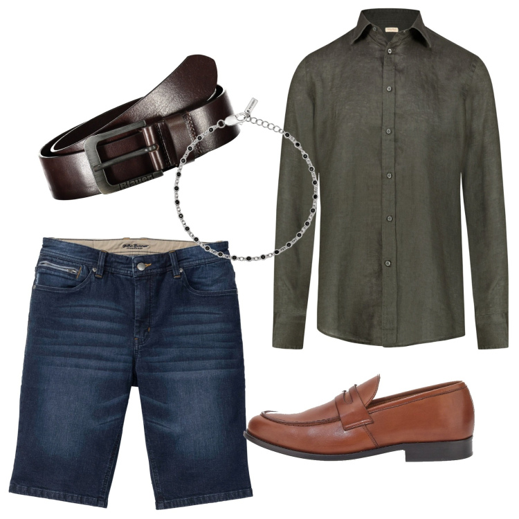 Outfit uomo - In camicia verde oliva. Stile Casual per Tutti i giorni. Abbinamento con bermuda, braccialetti, scarpe stringate, cinture, camicie.