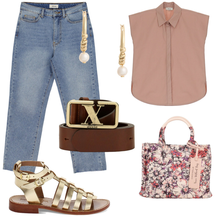Outfit donna - Dixie Summer sale. Stile Casual chic per Tutti i giorni. Abbinamento con borse a mano, sandali, jeans slim fit, camicie a manica corta, cinture, orecchini.