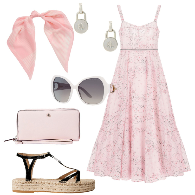 Outfit donna - Imperial Summer sale. Stile Romantica per Mare. Abbinamento con vestiti lunghi, occhiali da sole, orecchini, espadrillas, pochette, foulard.
