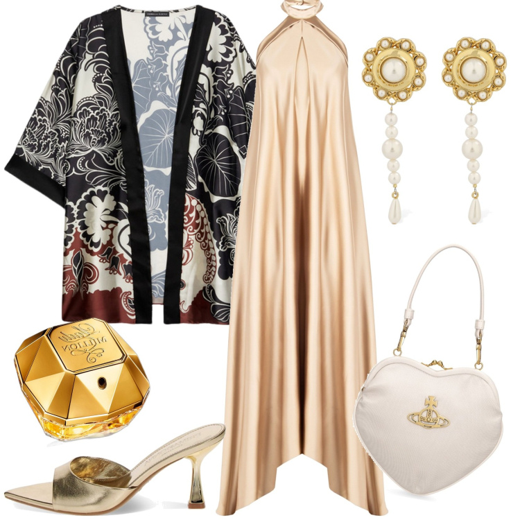 Outfit donna - Total look #1911580. Stile Chic per Serata fuori. look ideale per Tall. Abbinamento con profumi, vestiti lunghi, pantofole, borse a spalla, kimono, orecchini.