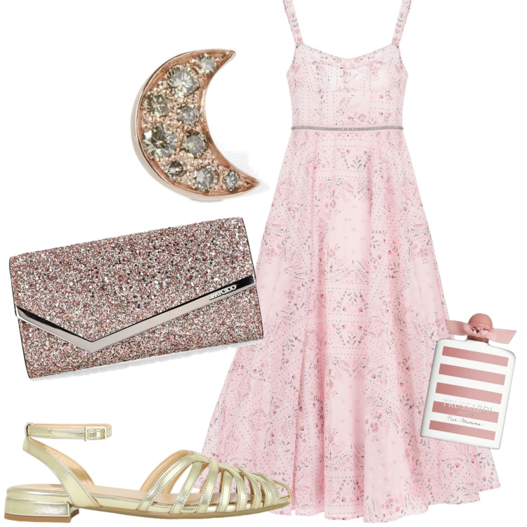 Outfit donna - Serata al chiar di luna. Stile Chic per Serata fuori. Abbinamento con profumi, vestiti lunghi, sandali in pelle, orecchini, pochette.