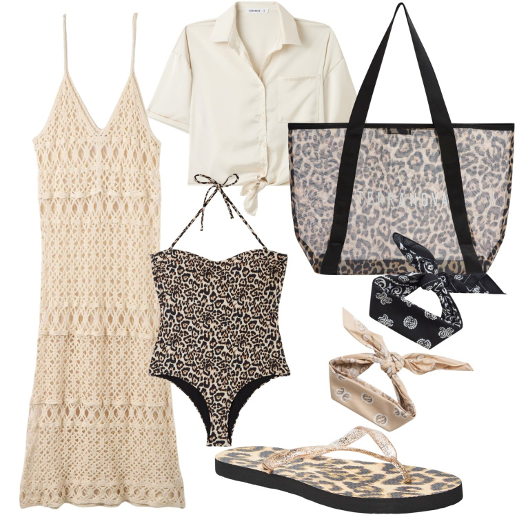 Outfit donna - Leopardo style. Stile Trendy per Mare. Abbinamento con costumi interi, camicie a manica corta, vestiti lunghi, infradito, fasce per capelli, shopping bag.
