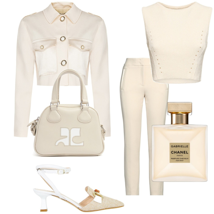 Outfit donna - Neutra. Stile Chic per Cerimonia. Abbinamento con pantaloni, profumi, blazer, sandali col tacco, top, borse a mano.