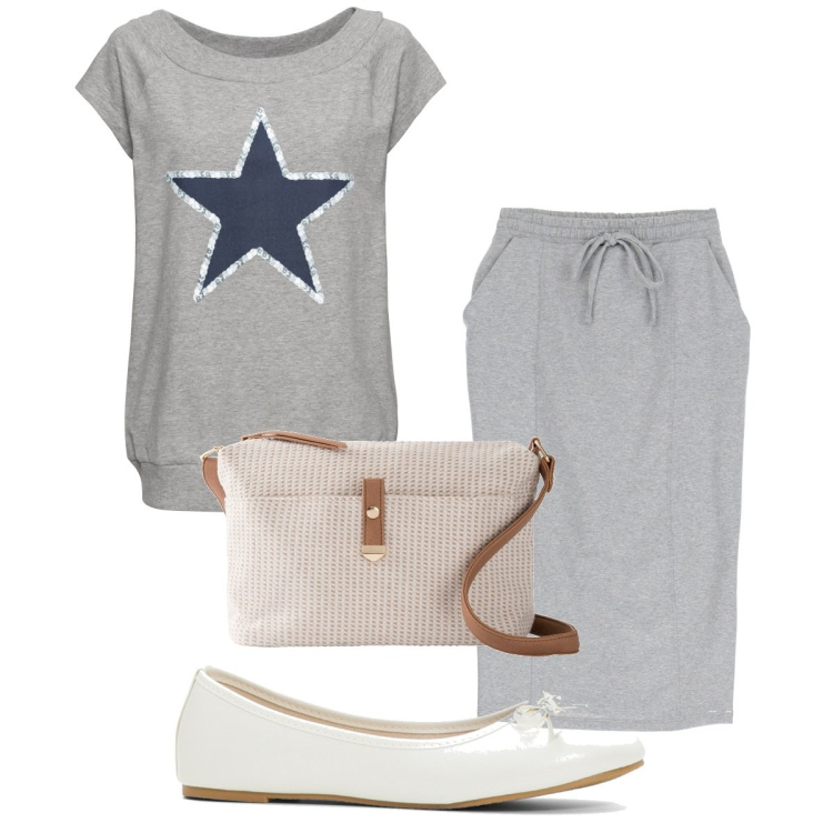 Outfit donna - Total look #1911589. Stile Basic per Tutti i giorni. Abbinamento con t-shirt, ballerine, borse a tracolla, gonne longuette.