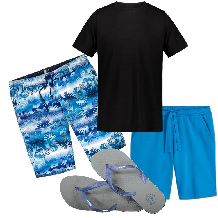 Outfit uomo - Boxer da mare a fantasia tropicale. Stile Casual per Mare. Abbinamento con bermuda, costumi, sandali, t-shirt.