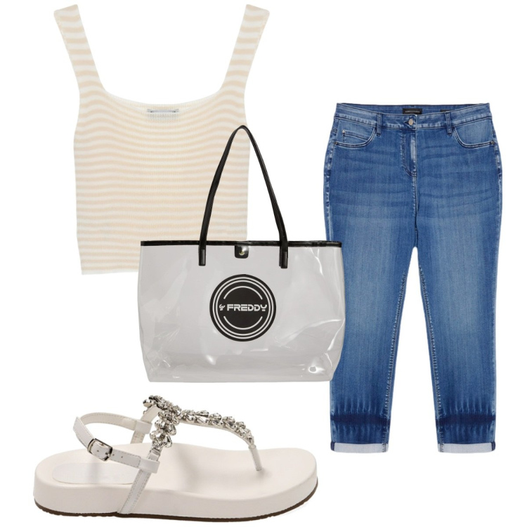 Outfit donna - Total look #1911599. Stile Basic per Tutti i giorni. Abbinamento con maglieria, shopping bag, ciabatte, jeans.