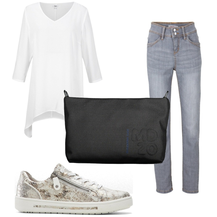 Outfit donna - Total look #1911601. Stile Basic per Tutti i giorni. Abbinamento con jeans slim fit, tuniche, sneakers, pochette.