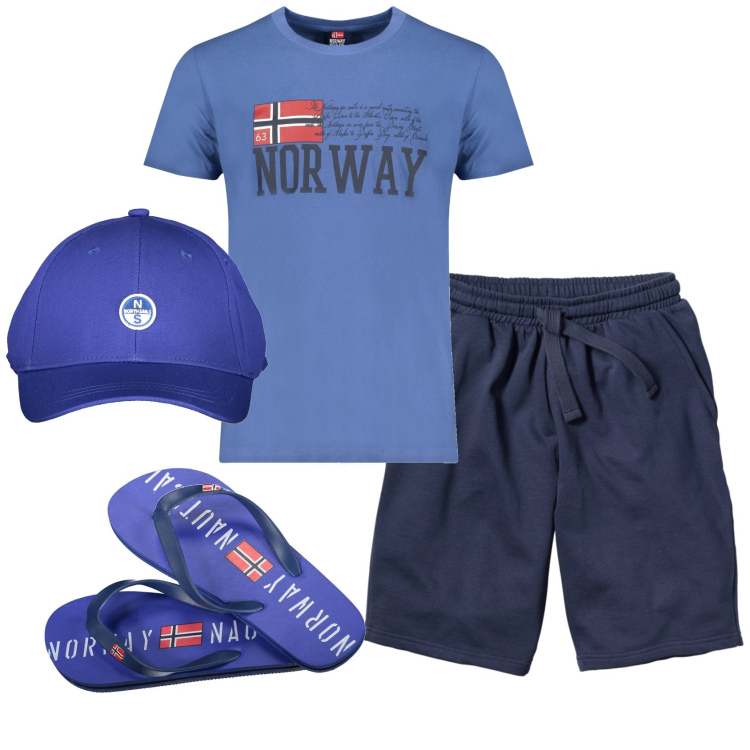 Outfit uomo - Total look #1911607. Stile Casual per Mare. Abbinamento con bermuda, cappelli con visiera, sandali, t-shirt.