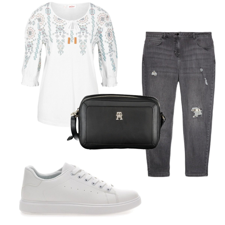Outfit donna - Total look #1911608. Stile Basic per Tutti i giorni. Abbinamento con bluse, jeans strappati, borse a tracolla, sneakers.