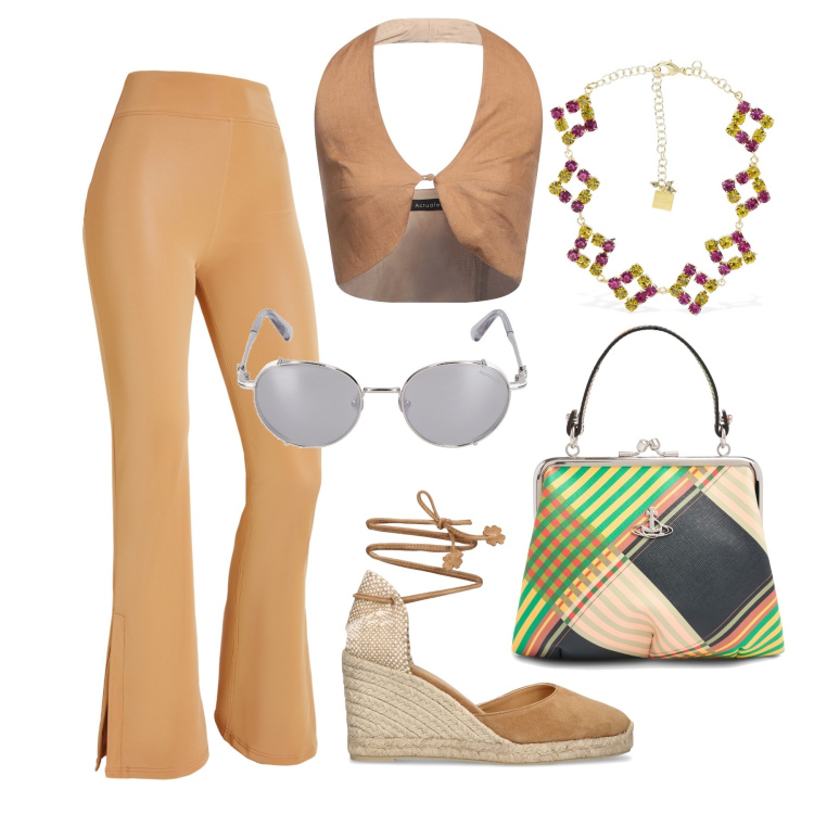 Outfit donna - Ghost outfitter - luglio. Stile Boho per Tutti i giorni. Abbinamento con top, pantaloni, borse a mano, espadrillas, collane, occhiali da sole.