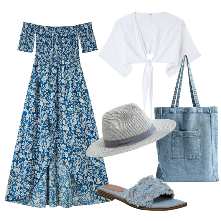Outfit donna - Romantica e casual. Stile Romantica per Tutti i giorni. Abbinamento con vestiti lunghi, cappelli, ciabatte, shopping bag, camicie.
