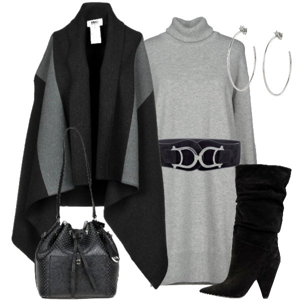 Outfit donna - Mantella. Stile Trendy per Tutti i giorni. Abbinamento con cinture, mantella fantasia scollatura profonda interno sfoderato monopetto, stivali con arricciature a punta tinta unita bianco, vestito corto lavorato a maglia collo alto a maniche lunghe interno sfoderato tinta unita, orecchini in argento 925, borsa a tracolla secchiello con manico e coulisse con tracolla removibile.