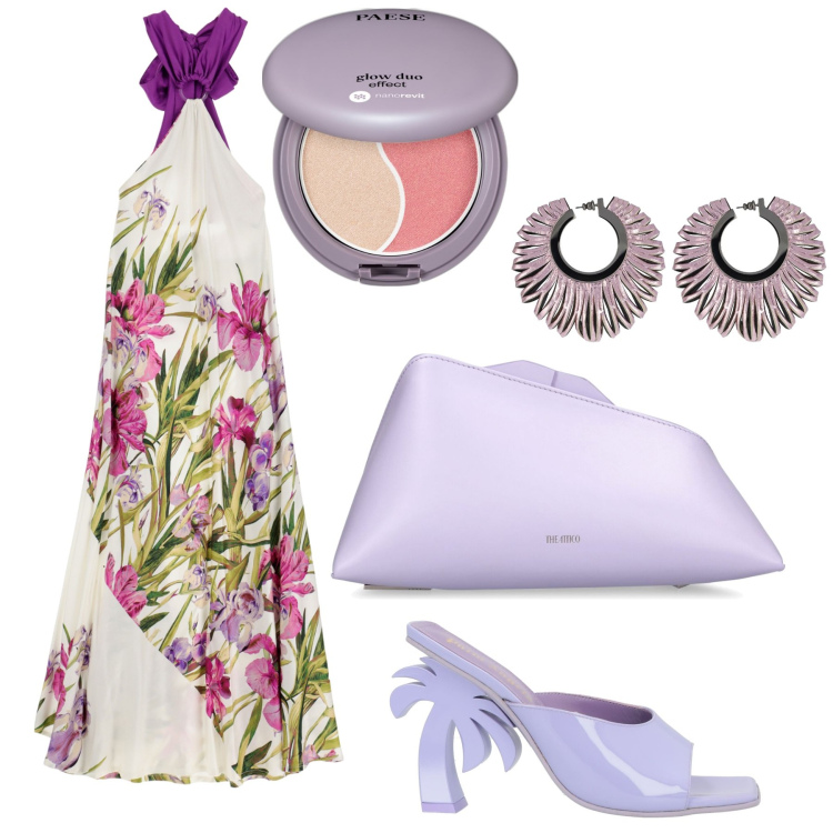 Outfit donna - Fiori e palme. Stile Romantica per Mare. Abbinamento con sandali in pelle, blush, vestiti lunghi, orecchini, pochette.