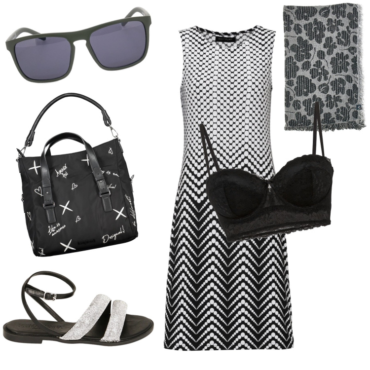 Outfit donna - City. Stile Urban per Tutti i giorni. Abbinamento con reggiseni a balconcino, vestiti, sandali, sciarpe, borse a spalla, occhiali da sole.