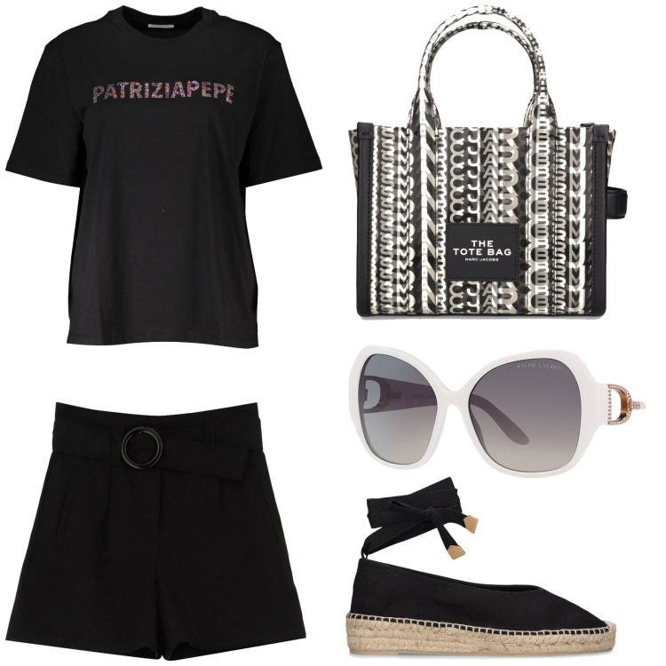 Outfit donna - Bantoa Summer sales. Stile Basic per Tutti i giorni. Abbinamento con shorts, occhiali da sole, borse tote, espadrillas, t-shirt.