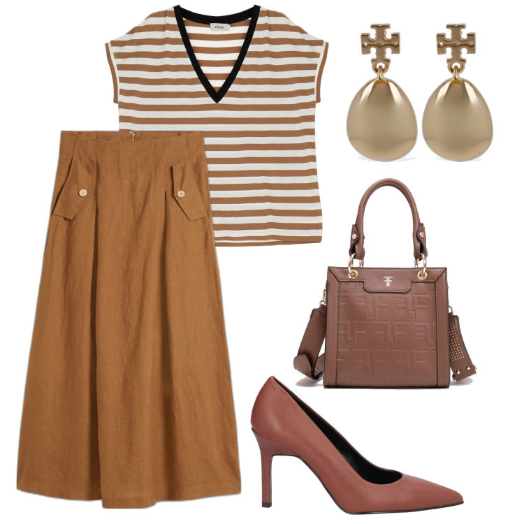 Outfit donna - Total look #1911692. Stile Casual chic per Ufficio. Abbinamento con gonne, décolleté, borse tote, t-shirt, orecchini.