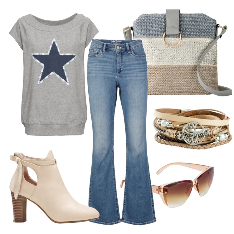 Outfit donna - Total look #1911694. Stile Casual chic per Tutti i giorni. Abbinamento con t-shirt, stivaletti, braccialetti, occhiali da sole, jeans bootcut, borse a tracolla.