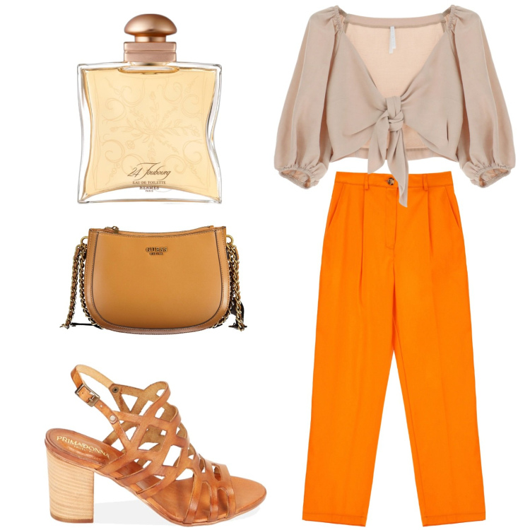 Outfit donna - Arancio vitaminico. Stile Boho per Tutti i giorni. look ideale per Petite. Abbinamento con profumi, top, sandali col tacco, pantaloni, borse a spalla.