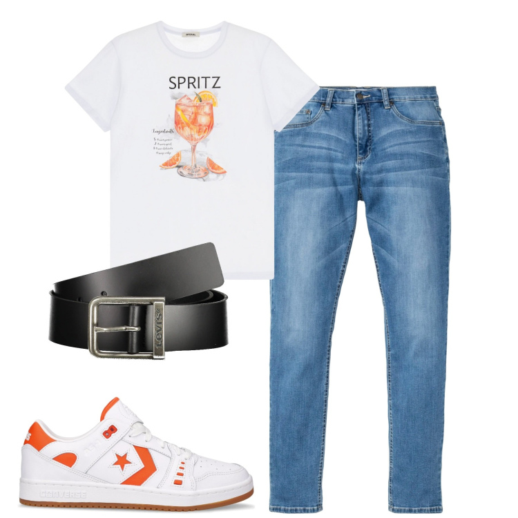 Outfit uomo - Spritzzz. Stile Casual per Tutti i giorni. Abbinamento con jeans, t-shirt, cinture, sneakers.