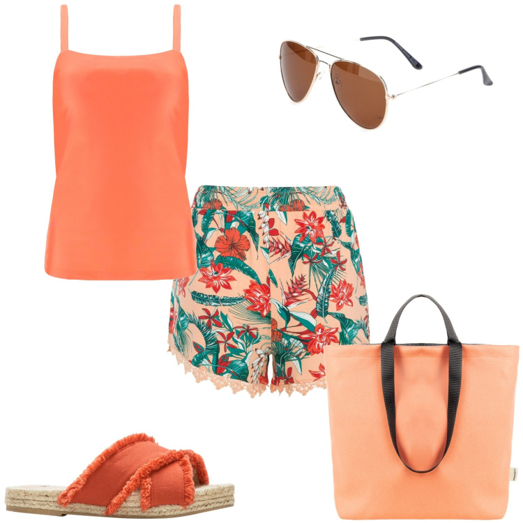 Outfit donna - Mare. Stile Casual per Mare. Abbinamento con shorts, ciabatte, borse tote, canottiere, occhiali da sole.