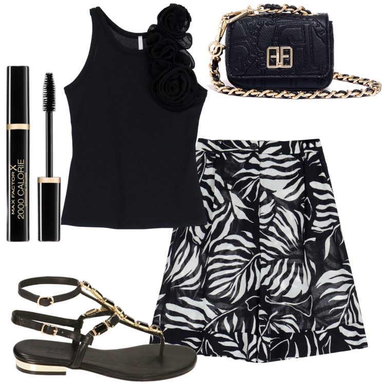 Outfit donna - City. Stile Casual chic per Tutti i giorni. Abbinamento con mascara, marsupi, bermuda, canottiere, ciabatte.