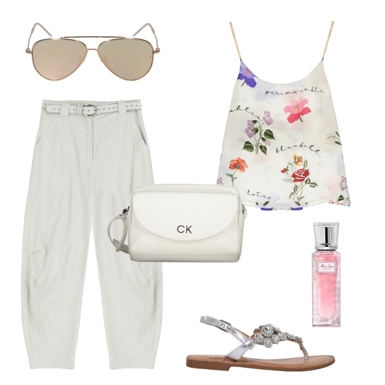 Outfit donna - Aperitivo al mare. Stile Trendy per Serata fuori. Abbinamento con profumi, pantaloni, canottiere, sandali, borse a tracolla, occhiali da sole.