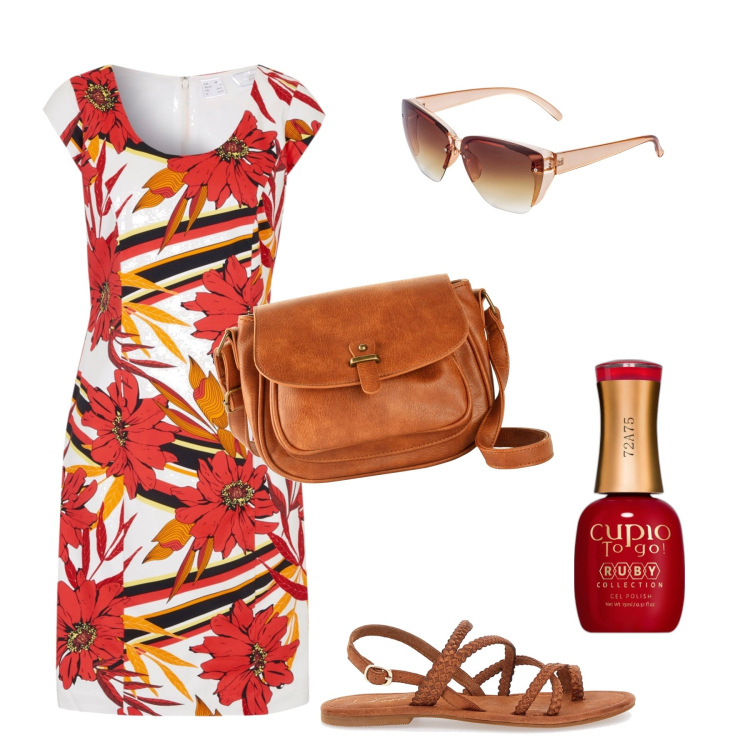 Outfit donna - Curvy fashion. Stile Romantica per Tutti i giorni. Abbinamento con borse a tracolla, occhiali da sole, vestiti a tubino, smalti, sandali in pelle.