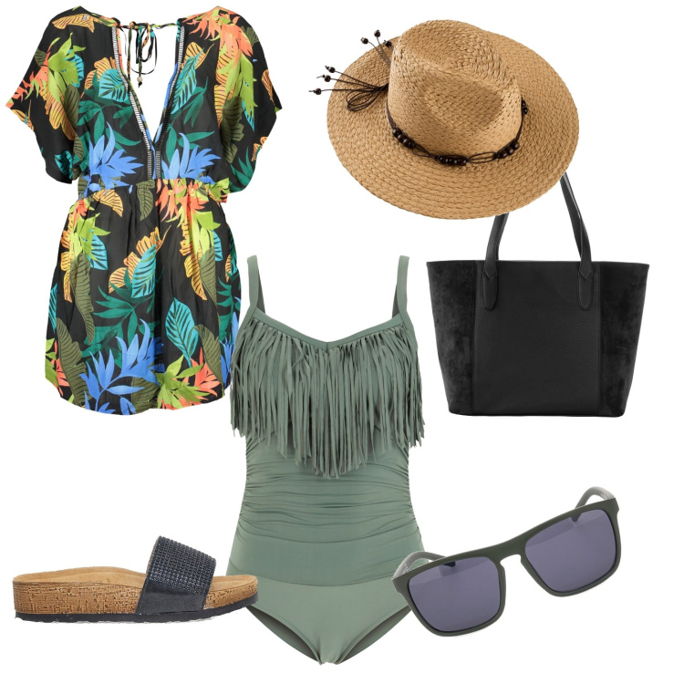 Outfit donna - Country style. Stile Trendy per Mare. Abbinamento con shopping bag, costumi interi, cappelli, vestiti corti, ciabatte, occhiali da sole.