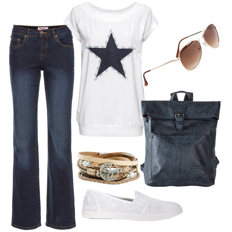 Outfit donna - Casual da città. Stile Casual per Tutti i giorni. Abbinamento con t-shirt, jeans dritti, braccialetti, ballerine, occhiali da sole, zaini.